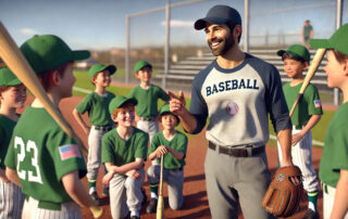 Coach giving baseball players positive reinforcement